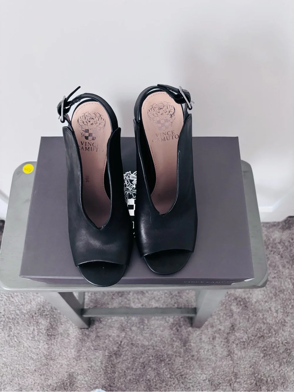 Vince Camuto Black Peep-Toe Slingback Heels with Ankle Buckle